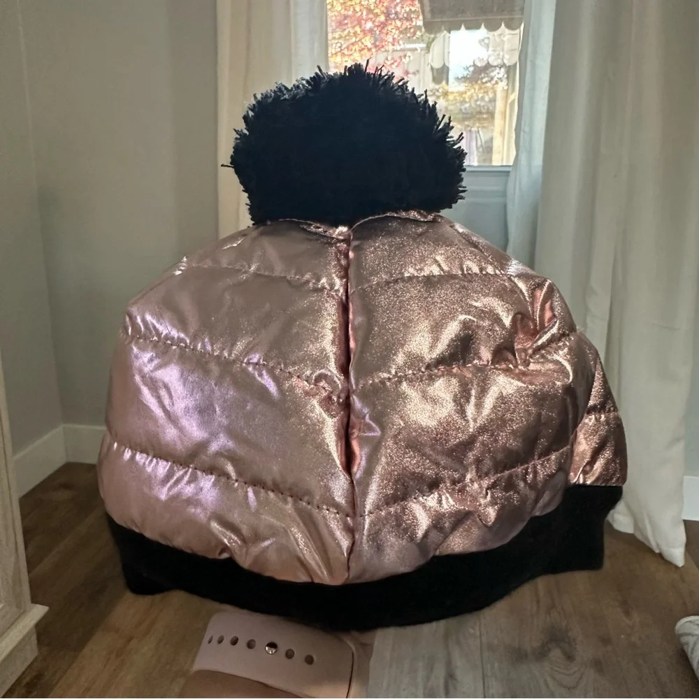 NEW! All in Motion Girl’s Pink and Black Pom-Pom Beanie, Metallic, Girlie, OSFM